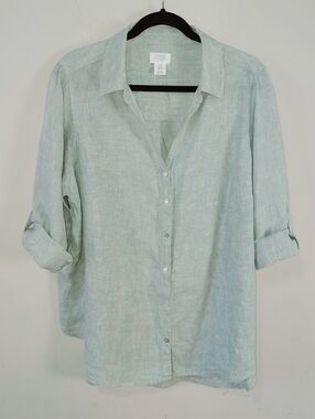 Sigrid Olsen Women Linen Roll Tab Sleeves Button Down Tunic Top Plus Size 1X